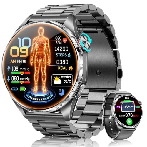 Smartwatch Herren KI mit Blutdruck, EKG/HRV/BMI, Bluetooth-Anrufe, Schwarz