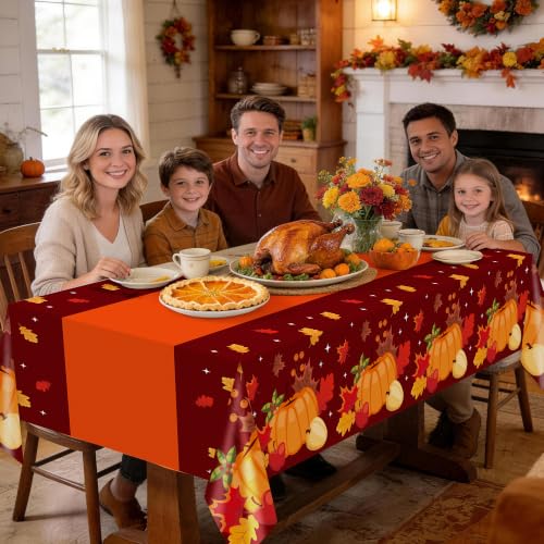 Image of Childom Thanksgiving Tablecloth,3 Pack Disposable Plastic Tablecloth 54x108 Inch Thanksgiving Decorations,Pumpkin Maple Leaf Party Table Cover for Home Table Decor,Birthday Party Supplies