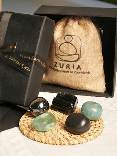 Zuria House Protection Crystals Set, 5 EMF Protection Healing Crystals Stones - Black Tourmaline Hematite Shungite Amazonite Fluorite, Spiritual Decor New Home Gift Chakra Meditation Office