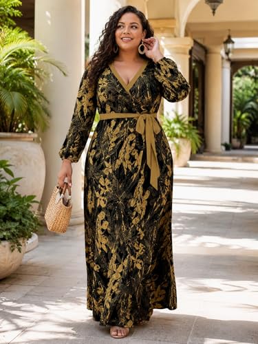 Image of PinkPatty Women's Long Sleeve Maxi Dress Plus Size Casual V Neck Wrap Dress with Pockets&Belt