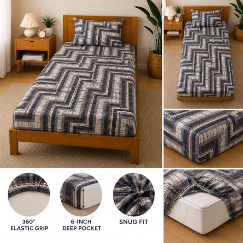 Image of Cotton Elastic Fitted Bedsheets with 1 Pillow Covers | Floral Printed Single Bed Elastic 220 TC Supersoft Breathable & Wrinklefree | for 36x72+6 Inches, Home Style Navy Taupe Maze