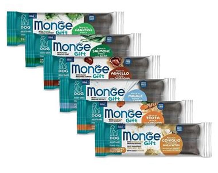 Monge Gift Meat Bars Snack Per Cane Cani Dog. 24 BUSTINE ASSORTITE IN BASE ALLA DISPONIBILITA' DA 40g CADAUNO
