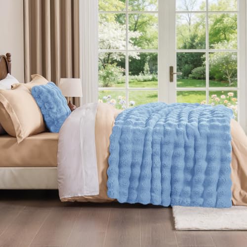 Image of BEDELITE Faux Fur Throw Bubble Blanket for Couch, 50 inch x 60 inch, Light Blue