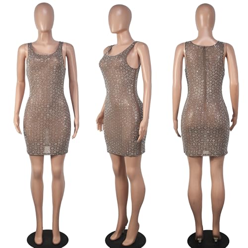 Image of Jigfar Women's Sexy Rhinestone Sheer Mesh See Through Bodycon Dress Birthday Party Club Night Outfits