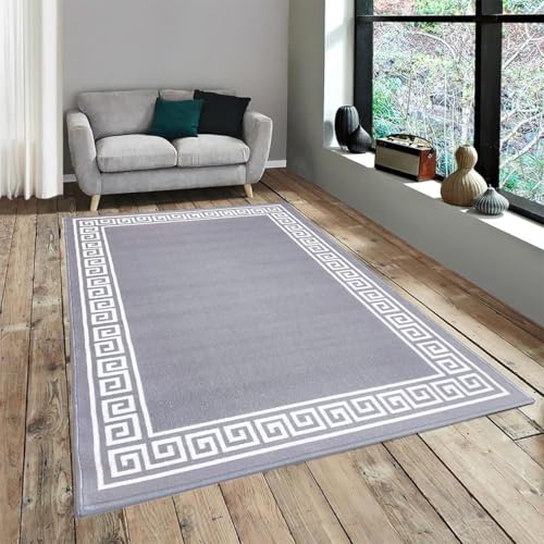 Image of Matz&More Greek Single Line Rug | 100x150 CM | Grey White | Soft Nylon Loop Pile with Anti-Slip Gel Backing | Living Room, Bedroom & Office Floor Carpet