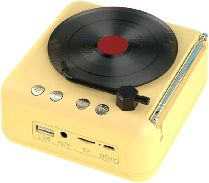 Tocadiscos con altavoz, tocadiscos, mini reproductor de vinilo, altavoz inalámbrico retro, estéreo, multifuncional, compatible con Bluetooth (amarillo)