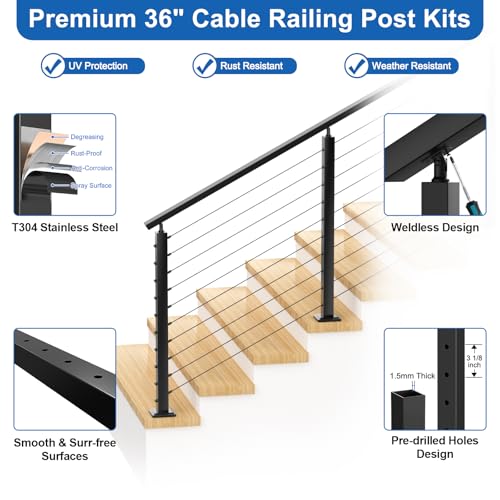Image of 4FT-10FT Complete Set Stair Cable Railing Kit, 36 inch Black Swageless Cable Railing Kit Includes 2Pack Angle Stair Posts(35 inchx2 inchx2 inch) for 25-35 Stair, 150FT 1 /8 inch Wire Rope,MY06-SP