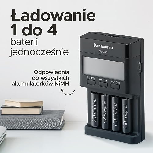 Panasonic eneloop Pro with USB Output Ładowarka do 14 akumulatorów AA/AAA Ni-MH, z wyjściem USB, wyświetlaczem LCD, funkcją odświeżania i 10 funkcjami bezpieczeństwa, Czarna