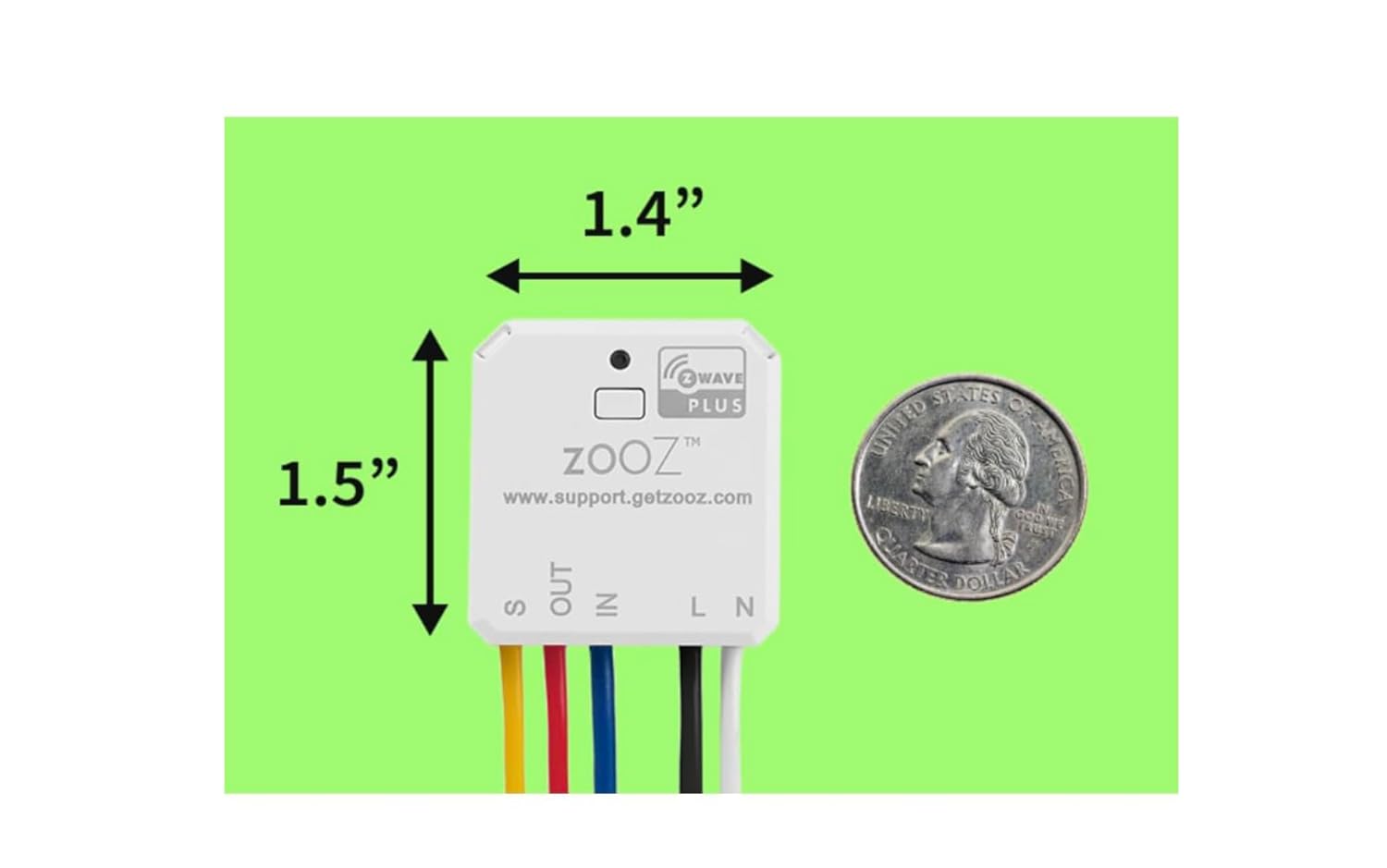 Zooz ZEN51 Smart Relay with dimensions shown next to a quarter for scale