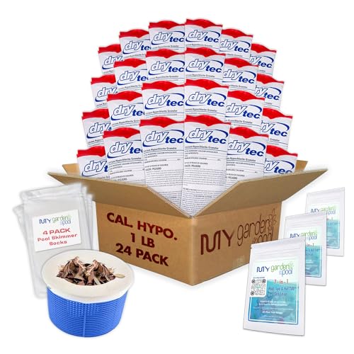 Drytec Calcium Hypochlorite Pool Shock 1 lb. 68% Bag 24 Pack Complete Pool Care Kit with My Garden Pool Skimmer Sock and 7-in-1 Test Strips 60 ct. Powerful Chlorine Shock for Clear Swimming Water