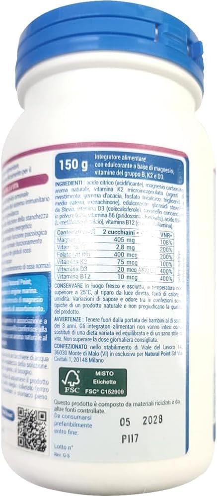 Magnesio Supremo DONNA 450 gr totali - Integratore di Magnesio in Polvere con Vitamine B6 B9 B12 D3 K2 - Stanchezza, Sistema Nervoso, Ossa - Senza Glutine e Lattosio, Vegan OK