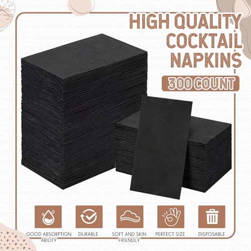 Image of Henoyso 300 Pack 2 Ply Black Dinner Napkins, 4 x 8 Inch paper Towels
