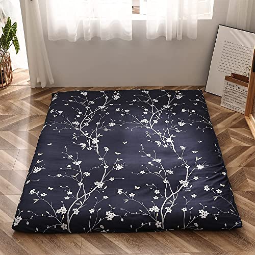 Image of MAXYOYO Navy Floral Printed Japanese Floor Mattress Rustic Style Futon Mattress Foldable Bed Roll Up Camping Mattress Floor Lounger Bed Couches, King Size