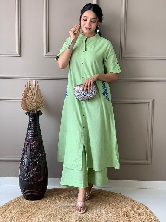 Women's Pure Cotton Chick Embroidery Solid Co-Ord Set | Ethnic Half Sleeves Cotton Kurta Pants Set Green