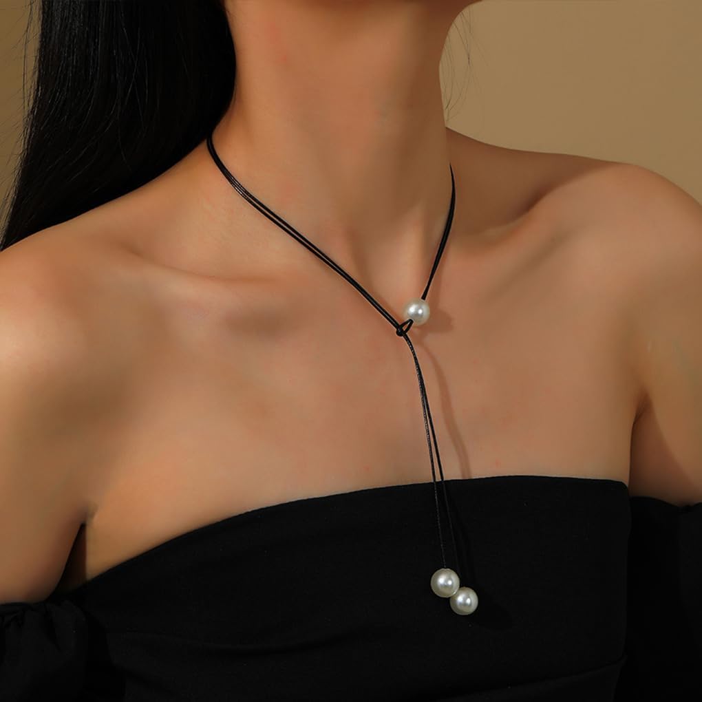 Vintage Pearls Leather Y Necklace for Women Gothic Black Rope Pearl Lariat Pendant Necklace Long Suede Beads Choker Necklace Jewelry Accessories - Image 6