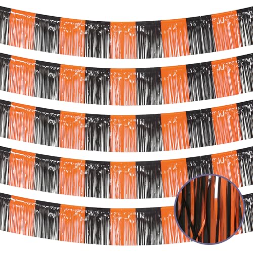 Image of 5 Pack 10 Feet Black Orange Foil Fringe Garland Tinsel Parade Float Fringe for Trailer Car Birthday Party Decoration Hanging Backdrop Banner Table Skirts