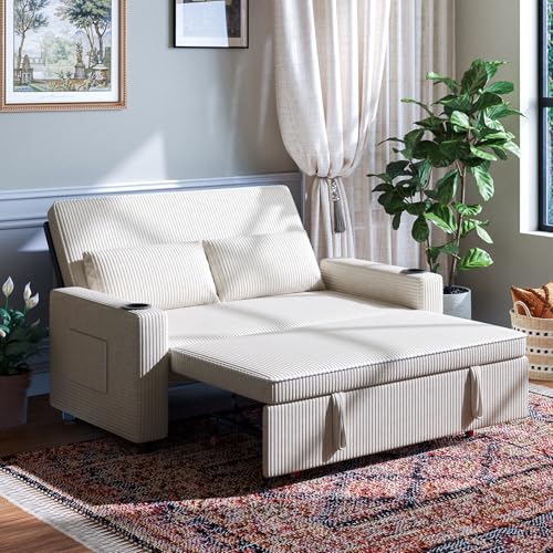 JUMMICO Schlafsofa 2 Sitzer klein Sofa mit Schlaffunktion Schlafcouch Ausziehbar mit Kissen Couch Cord-Bezug mit Getränkehalter Klappsofa Für Wohnzimmer Schlafzimmer,69 x 141 x 88 cm,Beige