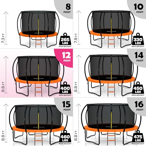 Image of JoyBerri Upsurge Trampoline Outdoor - ASTM Certified Safe 8Ft 10Ft 12Ft 14Ft 15Ft 16Ft Recreational Trampoline for Kids and Adults. Anti-Rust Coating with Enclosure Net, Ladder, Sprinkler & LED Lights