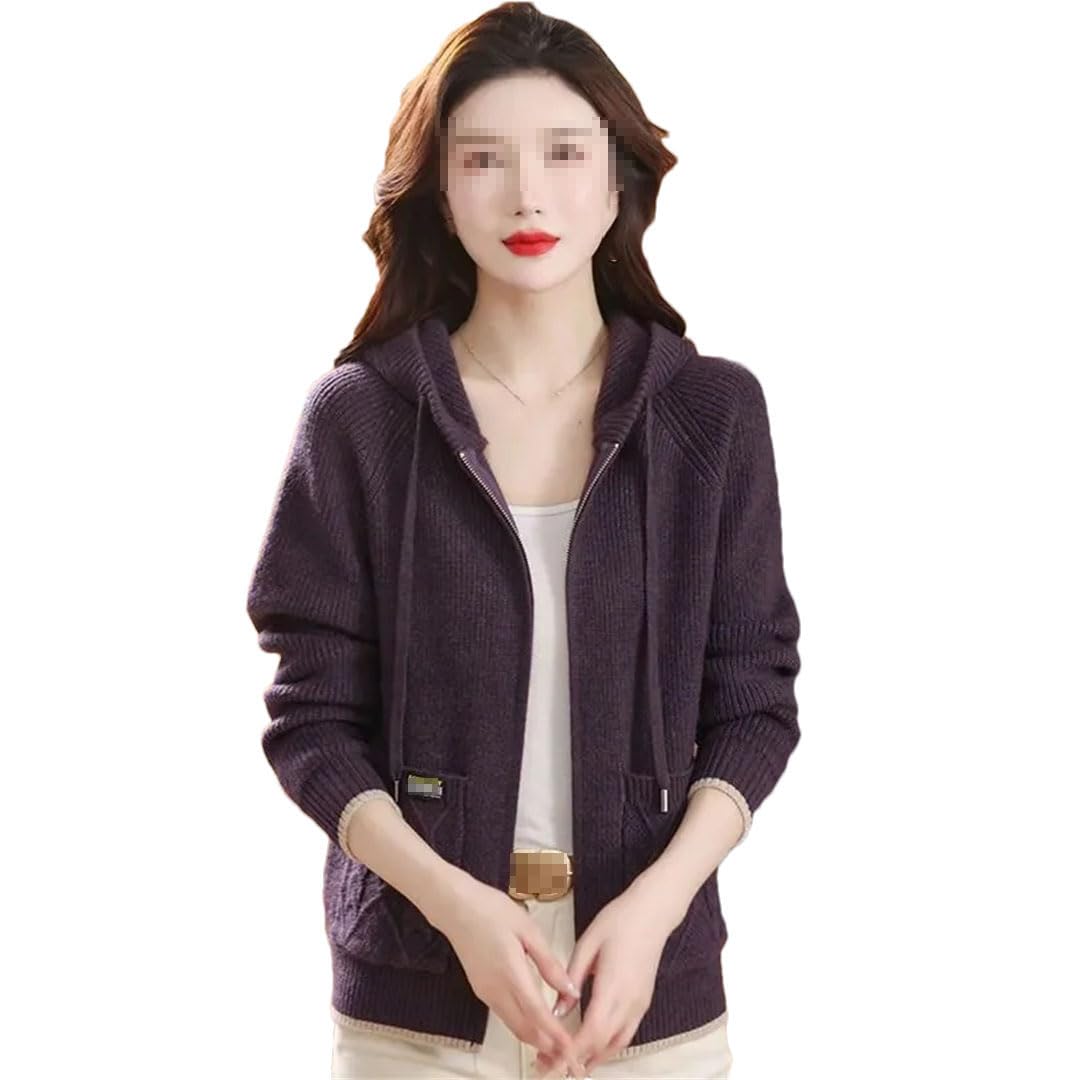 Vogrtcc Women's Hooded Knit Cardigan Zipper Sweater Long Sleeve Loose Coat