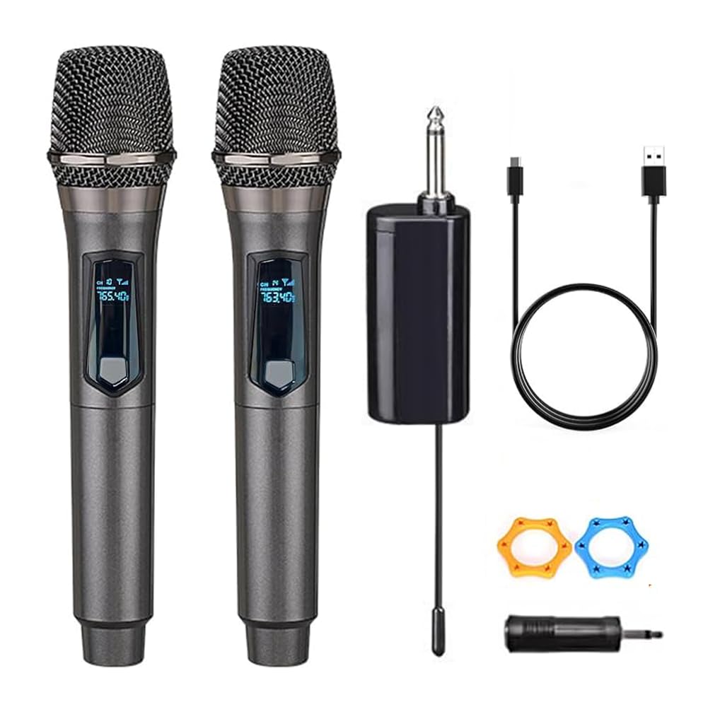 microfono wireless doppio UHF ricaricabile, doppio microfono wireless dinamico portatile per canto karaoke, matrimonio, DJ, festa, discorso, chiesa, uso in classe,