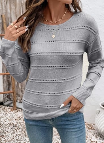 Image of SHEWIN Women's Sweaters Crew Neck Crochet Sweater Lightweight Knit Long Sleeve Tops Shirts Loose Fit Spring 2026