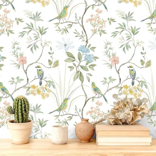 Image of Wallpaper Peel & Stick Floral Vintage Flower Leaf Botanical Bird Elegant Pattern Designs Tropical Watercolor Contact Paper Wall Home Decor Vinyl Self Adhesive Removable Wallpaper Waterproof 16.5&87IN