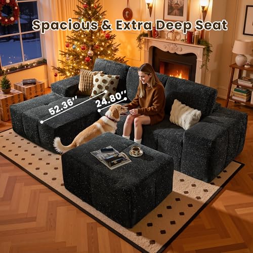 Image of 114 inch Glitter Cloud Sectional Couch with L-Shape Chaise & Ottoman, Modern Boneless Couches for Living Room, Fluffy Tufted Deep Seat Modular Sofa No Assembly (Gray Sparkly Velvet,Left Facing)