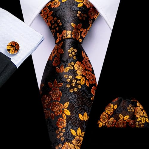 Image of Barry.Wang Flower Ties for Men Handkerchief Cufflinks Set Wedding Necktie Set Party