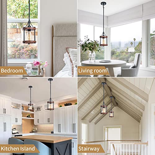 Image of Farmhouse Pendant Light in Wood and Metal Cage, Rustic Brown Wood Pendant Light with Glass, Adjustable Hanging Light Fixtures, Mini Pendant Lighting for Kitchen Island, Hallway, Foyer, 1 Pack