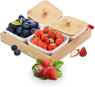 Ceramic Snack Serving Tray, 4-Compartment Tray Serving Platter with Bamboo Lid and Pallets,Moisture-proof