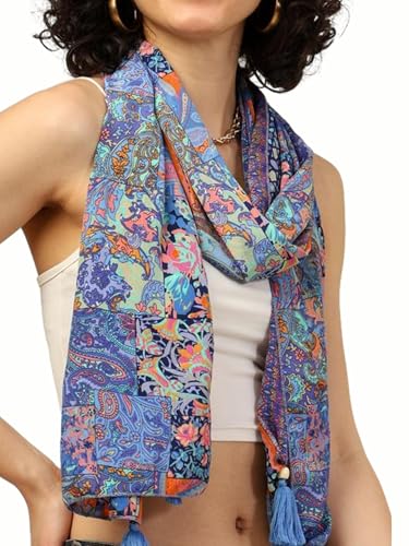 Image of KE KANHA EXPORTS Scarf for Women Boho | Border Print Stylish | Stole for Women Breathable Summer Beach Wrap with Tassels | Multicolour |180 x 50 cm FREE Scrunchie Included