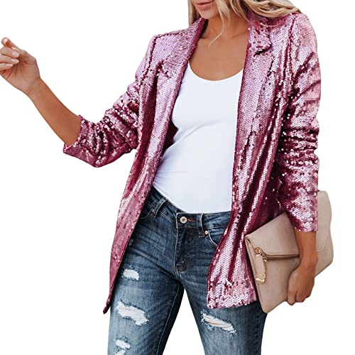 Women's Shiny Blazer Jacket Solid Color Sequins Long Sleeves Lapel Neck Cardigan Jacket3