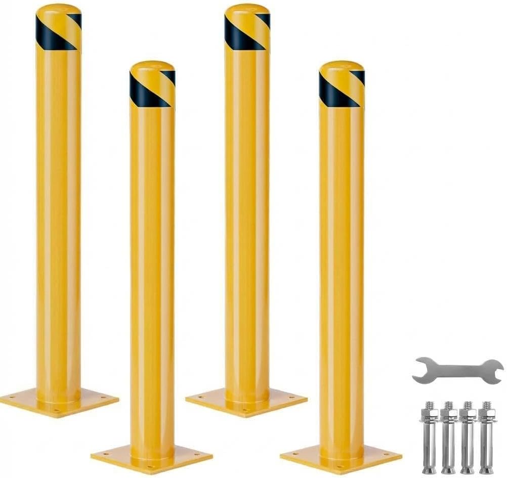 Heavy Duty Steel Safety Bollards 4 Pack, 42 Inch Bollard Posts with Reflective Tape & Anchor Bolts, Removable Parking Bollards for Warehouse, Garage, Parking Lot, Driveway, 4.5 Inch Diameter