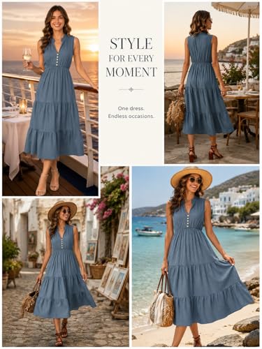 Image of BROVAVE Womens 2026 Summer Sleeveless Shirt Dress Collar Striped V Neck Casual Midi Dresses