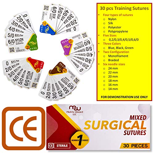 Suture Thread With Needle 30Pk (Mixed 0, 2-0, 3-0, 4-0, 5-0, 6-0) - Practice Suturing; Camping Survival Demo, Military Tactical Drill, Hospital Clinic Rotation, First Aid Travel Safety, Veterinary Use #TOP1