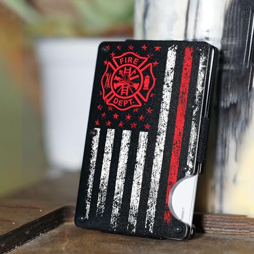 Slim Wallet With Money Clip, Personalized Engraved Fireman Flag Metal Wallet For Firefighter, Blocking Front Pocket Credit Card Holder Minimalist Wallet, 3.35 X 2.13, Black, Mwl00012