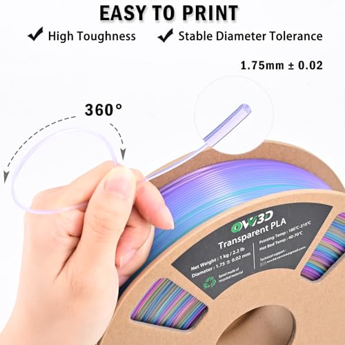 Image of OVV3D Transparent Rainbow PLA Filament 1.75mm, Multicolor Blue Purple Yellow Translucent 3D Printer Filament, Clear PLA Gradient Color Change, Spool 1KG, + /- 0.02 mm, Fit Most FDM 3D Printers