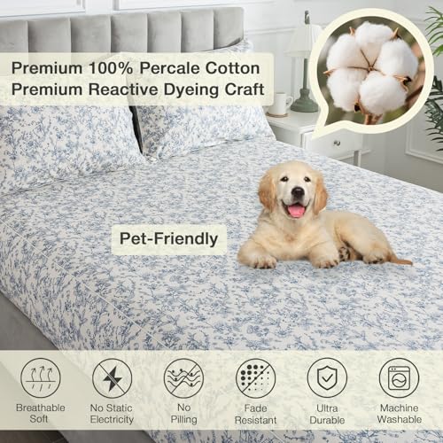 Image of Vintage Blue Floral Percale Sheets, Queen Size 100% Cotton Deep Pocket Neutral Flower French Country Sheet Set, Shabby Chic Soft Farmhouse Bed Sheets, Cottagecore Toile Bedding, White, 4Pcs