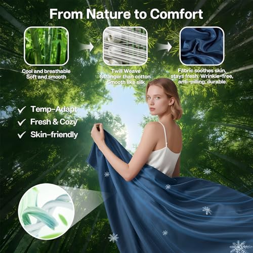 MR&HM Twin Sheets Set, 3-Piece Cooling Sheets, Rayon Derived from Bamboo & Polyester Blend, Soft & Silky, 15" Deep Pockets with Elastic Straps, Hotel Luxury for Hot Sleepers, Navy Blue