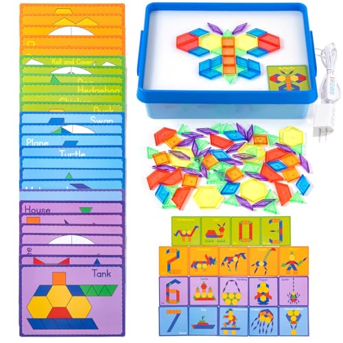 Odoorgames Light Box with Pattern Blocks & Cards Set Light Table for Kids Educational Toys for Tracing Sensory Play & Early Learning (Blue)
