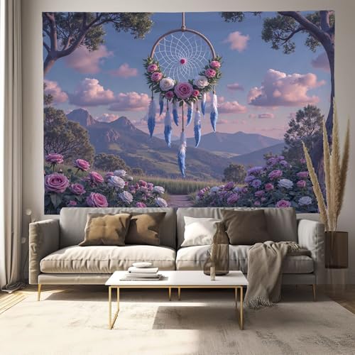 Tapiz pared atrapasueños grande de 230x150cm, tapices decorativos con flores para salón