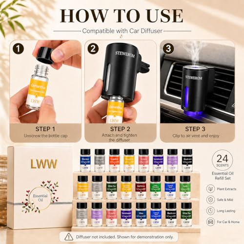 Image of Car Air Freshener Diffuser Refills, 24 PCS 10ml Essential Oils Mixed Fragrance Set, Long Lasting Car Fragrance Oil Replacement for Car Diffusers, No Diffuser Included