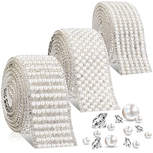 3 Pieces Self Adhesive Crystal Rhinestone Ribbon Sticker Crystal Chain Banding 3 Mm Diamond Inlaid White Pearl Beaded (White,White, 1.18 Inch X 3 Yard) #TOP15