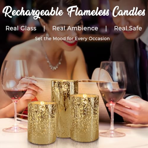 Image of LEDHOLYT Rechargeable Flameless Candle, Flickering LED Pillar Glass Fake Candle with Remote and Timer, Built-in Battery Real Wax Electronic Candle for Room Decoration, Set of 3