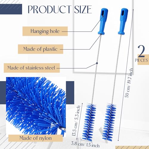 Image of Baderke 2 Pcs Drain Brush Pipe Cleaning Tube Brush, Blue, 19.7 x 1.5 Inch | Nylon Long Tube Cleaner, 2 Inch Drain Scrubber, PVC Shower Pipe Brush for Kitchen Sink, Water Bottle, Flexible Cleaning Tool