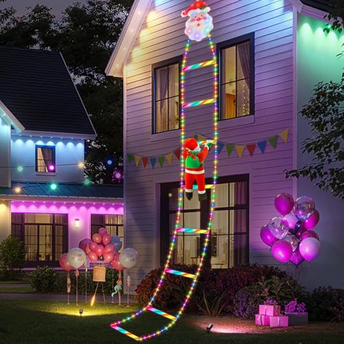 XUNIVERS Guirnalda de luces LED de Papá Noel,Papá Noel en Escalera Decoración Navideña,8 Modos Luz de Decoración Navideña,para exteriores, jardín,Luces Navidad Exterior para Interiores (Blanco Cálido)