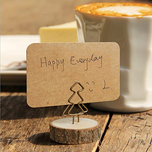 Amytalk 12Packs Wood Place Card Holders with Evergreen Tree Wire and 20Pcs Kraft Place Cards, Wooden Table Memo Photo Picture Number Sign Stands Holder for Party Wedding Anniversary Table Decoration - Thumbnail 4