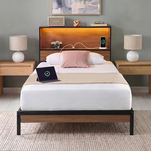 Image of Zinus Kai Platform Bed Frame, RGB LED Lights, No Box Spring Needed, Twin | Two-Tier Headboard for Space-Saving Storage, Built-in USB Charging Station, Soft Ambient Night Light
