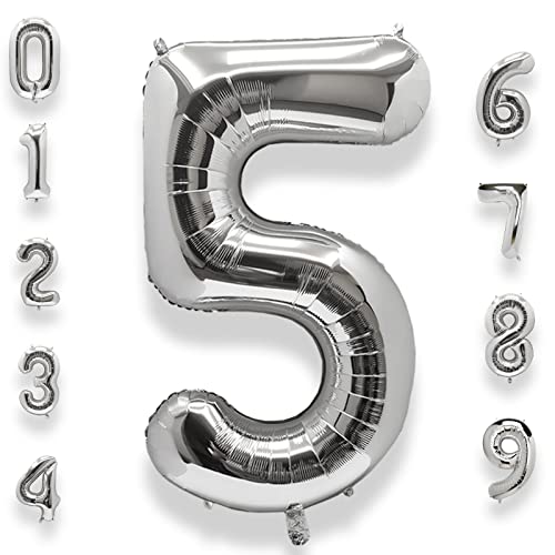 AULE 40 Inch Big Silver 5 Balloon Number Large Foil Helium Number Balloons 0-9 Jumbo Giant Happy 5th Birthday Party Decorations for Boy or Girl Huge Mylar Anniversary Party Supplies