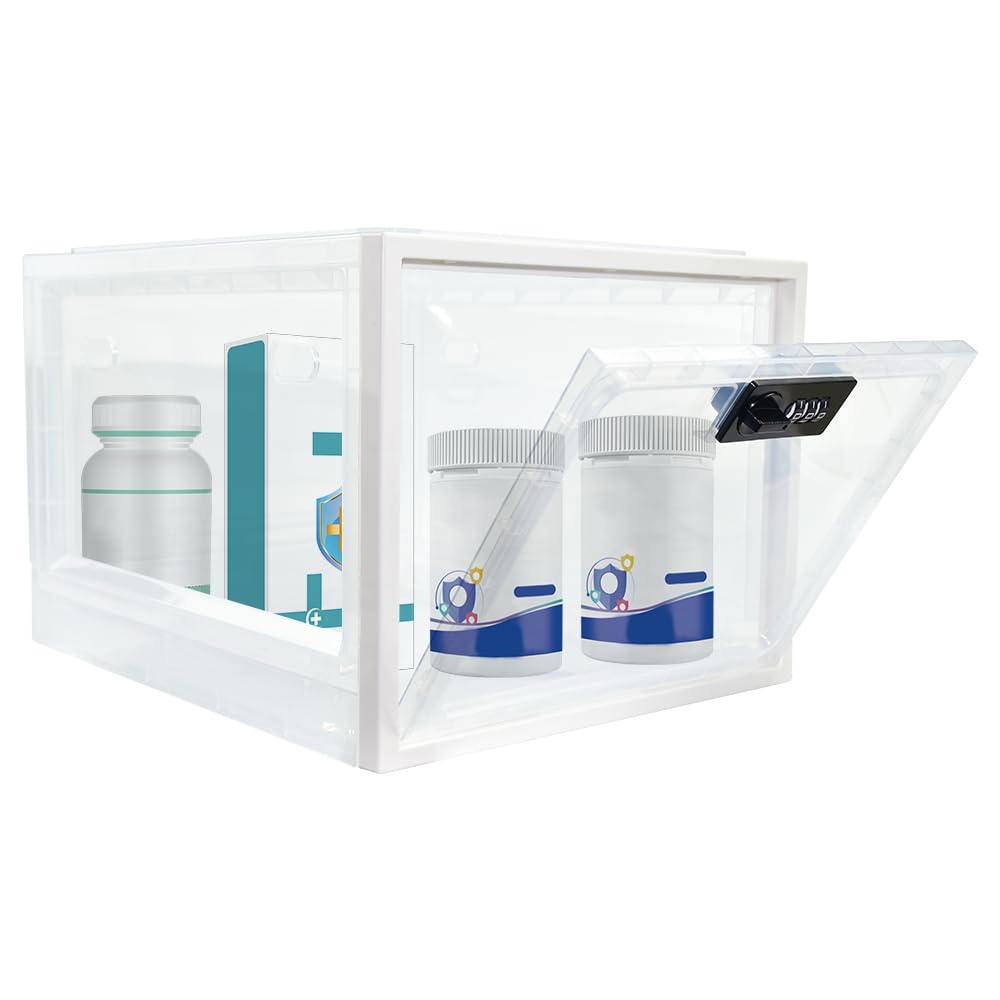 Adertos Clear Medicine Lock Box, Lockable Box Transparent Medication Lockable Container Tablet Phone Locked Boxes Plastic Lockabled Storage Bin Organiser For Medicine Food Snacks Home Safety
